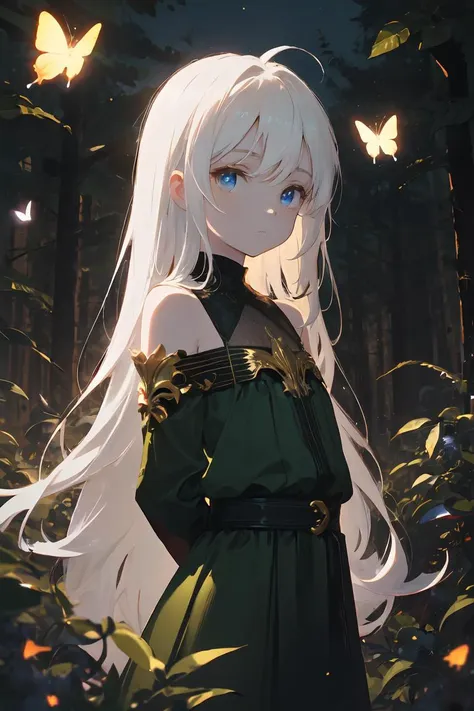 masterpiece, best quality, 1girl, standing, ahoge, white hair, absurdly long hair, blue eyes, (pale skin:0.8), expressionless, flat chest, forest, rocks, solo, (upper body:1.2), looking at viewer, white and green dress, (arms behind back:1.1), golden trim,...