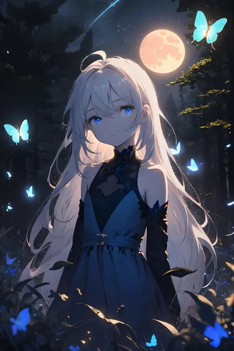 masterpiece, best quality, 1girl, standing, ahoge, white hair, absurdly long hair, blue eyes, (pale skin:0.8), expressionless, flat chest, forest, rocks, solo, (upper body:1.2), looking at viewer, white and blue dress, (arms behind back:1.1), golden trim, ...