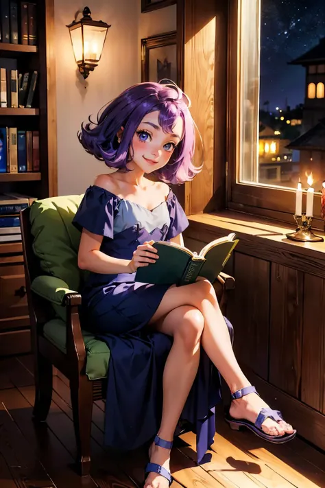 acerola, purple hair, purple dress, sandals, looking at viewer, smiling, happy, blush, sitting, legs crossed, reading a book, small room, book shelf,  window, night time, candlelight,  high quality, masterpiece, <lora:Acerola:.8>