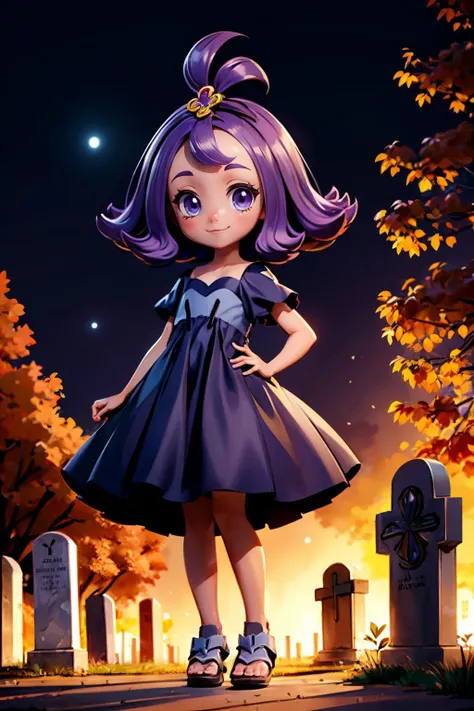 acerola, purple hair, purple dress, sandals, looking at viewer,smiling, standing, full body shot, outside, graveyard, cemetery, dusk, twilight sky, trees, high quality, masterpiece, <lora:Acerola:.8>