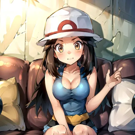 c0uchc4sting, cleavage, blush, shy, sitting on couch, <lora:leaf (pokemon):0.7> leaf (pokemon),  <lora:c0uchc4sting:0.8> fanny pack, hat, blue shirt