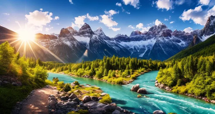 detailed background, masterpiece, best quality, scenery, mountains, river, forest, sun, day, clouds