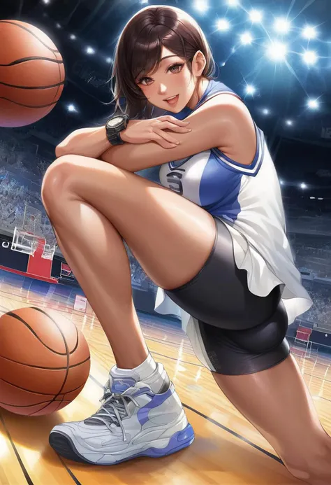 score_9, score_8_up, score_7_up, zpdxlrl, (medium full shot) of (agile basketball player) young woman, korean, tan skin, brown e...