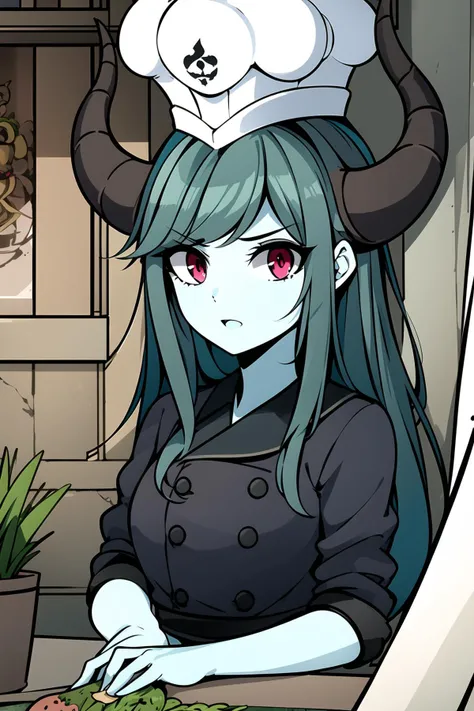 masterpiece, 1girl, simmer, green skin, colored skin, green hair, red eyes, horns, hat