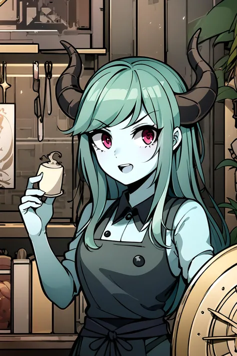 masterpiece, 1girl, simmer, green skin, colored skin, green hair, red eyes, horns