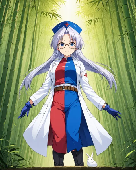 a woman in a white coat and blue gloves standing in a bamboo forest