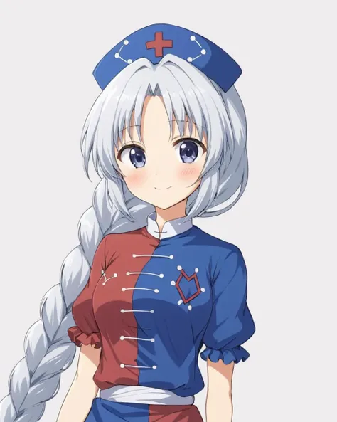 anime girl with long white hair and a blue hat