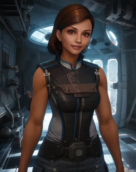 samantha,  brown hair, brown eyes, 
 sleeveless,  shirt,   camouflage pants, 
standing,  upper body,  smile, 
space ship, indoors,  
(insanely detailed, beautiful detailed face,beautiful detailed eyes, masterpiece, best quality) , solo,
 <lora:samantha:0.8...