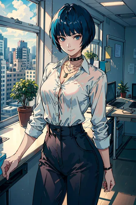 a woman in a white shirt and black pants standing in front of a window