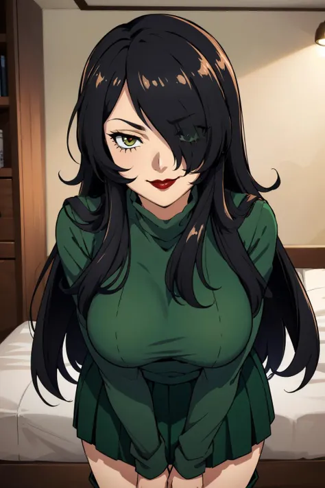 masterpiece, best quality, <lora:zs_Junko:1> junkop2, verylong hair, black hair, hair over one eye, makeup, lipstick, green sweater, green skirt, long skirt, black knee boots, large breasts, leaning forward, pov, breast grab, looking at viewer, smirk, lips...