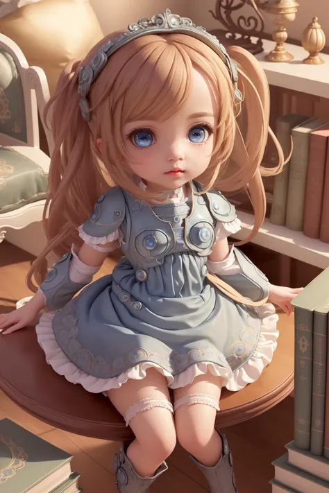 a close up of a doll sitting on a table near a book shelf