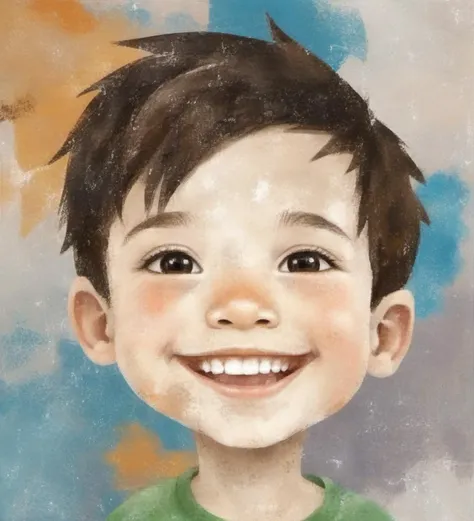 painting of a boy with a green shirt smiling at the camera