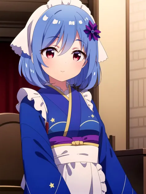 Tanabata, Frilled sleeves, apron, masterpiece, best quality, Solo, <lyco:houkiboshi:0.9>, sleeves, Red eyes, blue hair, Blue japanese clothes