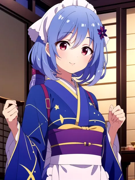 Tanabata, Frilled sleeves, apron, masterpiece, best quality, Solo, <lyco:houkiboshi:0.9>, sleeves, Red eyes, blue hair, Blue japanese clothes