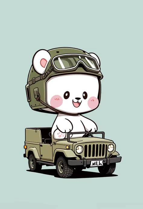 a close up of a cartoon bear driving a jeep with a helmet on