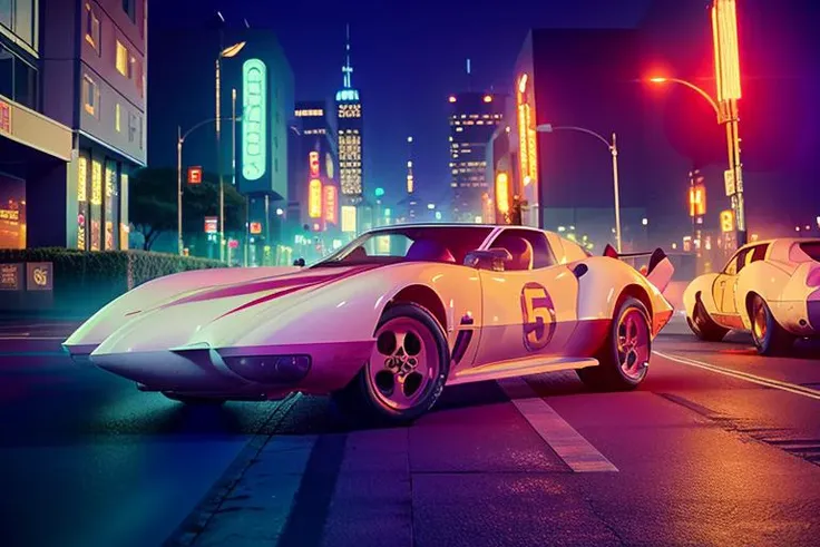 a close up of a car on a city street at night