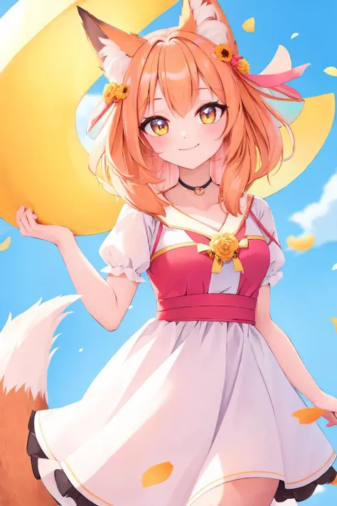 personalami,   <lyco:v4:1> Fox girl, 1woman, bright, cheery, {vibrant orange|sunny yellow|rosy pink} fur, {shimmering|gleaming|golden} {amber|topaz|honey} eyes, {flowing|bouncy|playful} {pastel pink|sunshine yellow|sky blue} hair adorned with flowers, {ado...