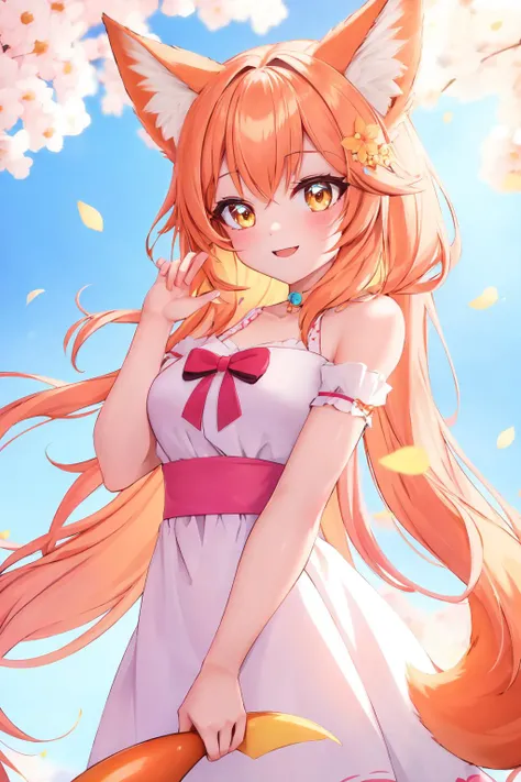 personalami,   <lyco:v4:1> Fox girl, 1woman, bright, cheery, {vibrant orange|sunny yellow|rosy pink} fur, {shimmering|gleaming|golden} {amber|topaz|honey} eyes, {flowing|bouncy|playful} {pastel pink|sunshine yellow|sky blue} hair adorned with flowers, {ado...