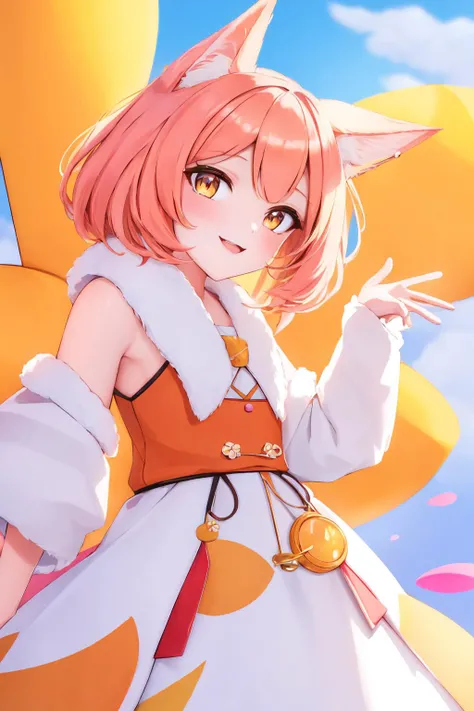 personalami,   <lyco:v4:1> Fox girl, 1woman, bright, cheery, {vibrant orange|sunny yellow|rosy pink} fur, {shimmering|gleaming|golden} {amber|topaz|honey} eyes, {flowing|bouncy|playful} {pastel pink|sunshine yellow|sky blue} hair adorned with flowers, {ado...