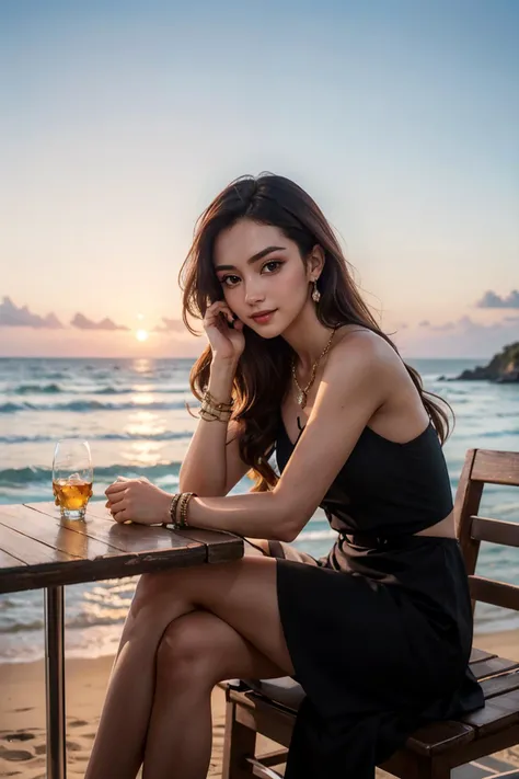 DV_MeiLing_Vicious, long black hair, wearing a black dress, necklace, bracelet, looking at viewer, serious, smiling, sitting, legs crossed, drinking a whiskey glass, outside, beach bar, ocean, sunset, dusk, twilight sky,  extreme detail, masterpiece,