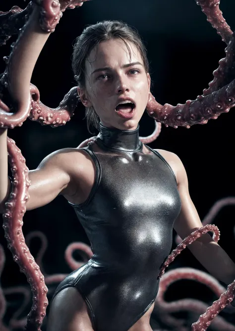 a close up of a woman in a wetsuit holding an octopus