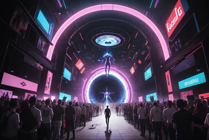 (masterpiece, artwork), painting of a higher being descending to earth, portal, futuristic, crowd, glowing, neon lights,  creepy, epic