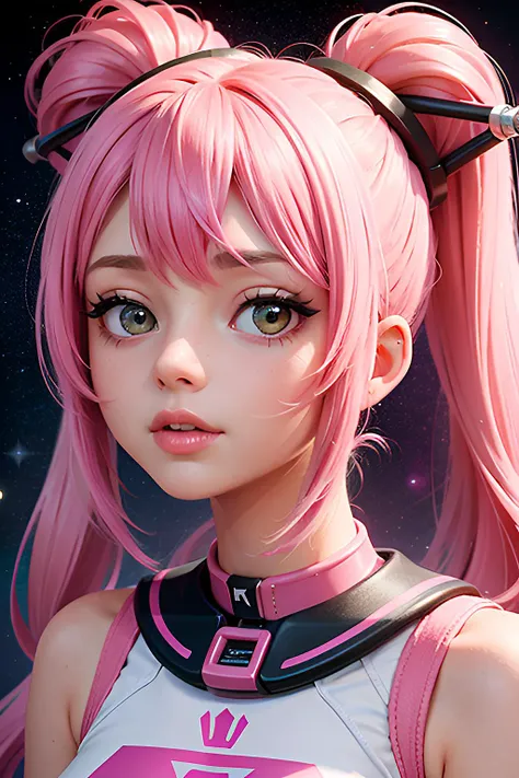 1girl, portrait, pink unicorn space princess, pink hair