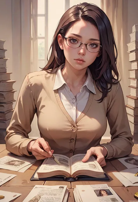 (score_9, score_8_up, score_7_up), detailed, realistic  professional woman looks up from her papers at the viewer, annoyed, glasses, interrupted reading, stack of papers.