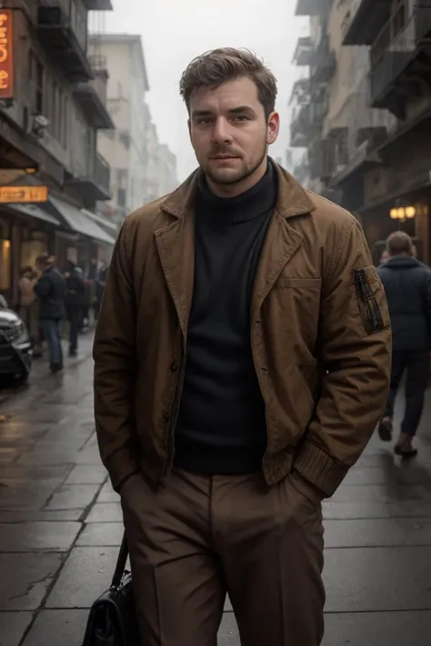 arafed man in a brown jacket and black turtleneck standing on a city street