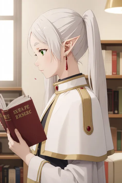 masterpiece, best quality, highly detailed, masterpiece, best quality, highly detailed, frieren, 1girl, book, capelet, closed mouth, dangle earrings, earrings, elf, expressionless, from side, green eyes, holding, holding book, jewelry, long hair, long slee...