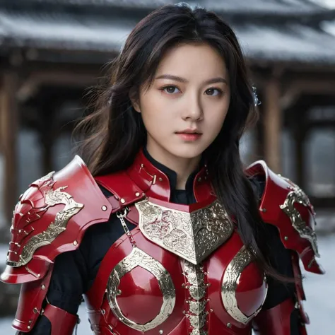 a close up of a woman in a red armor outfit