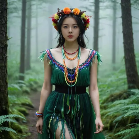 arafed woman in a forest with a green dress and a flower crown