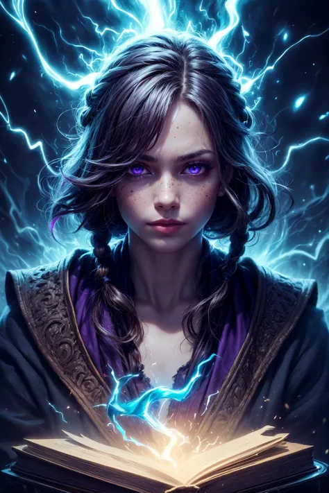 <lora:add_detail:1>
1 girl, adult french woman, freckles, purple eyes, medium brown braided hairstyle,
(style-swirlmagic:1.0), portrait, looking at viewer, solo, upper body, detailed background, detailed face, (<lora:ElementalMagicAIv2:0.6>, LightningMagic...