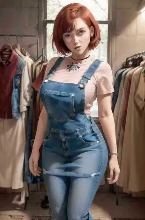 <lora:jeans_dress:0.7> wearing jeans dress, proportional eyes, (realistic:1.5), extremely detailed, hyper detailed, soft lighting, detailed background, extreme detail background, sharp details, beautiful face, symmetrical eyes, short red hair, short hair, ...