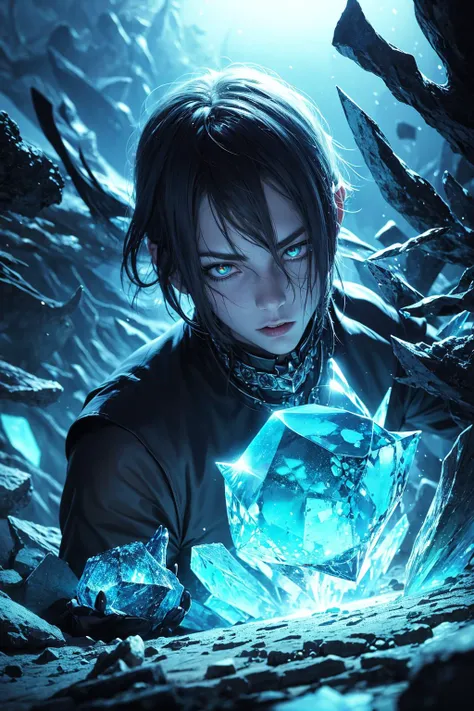 (1man, muscular, adult  male:1.2),  turquoise eyes, black comb over,
  looking down, solo, (full body:0.6), detailed background, close up, cold detailed face, (dark sinister underworld theme:1.1), crystal mage, levitating, sitting, elemental rock themed cl...