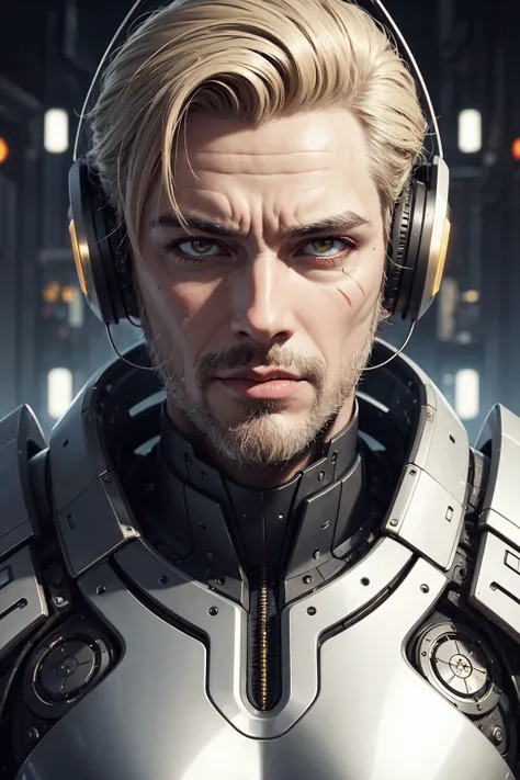 (1man,  old ancient greek male:1.2), wise,  yellow eyes, dark blonde hair, blunt cut,
cyborg portrait, (bloody scars:0.7), looking at viewer, solo, (full body:0.6), detailed background, close up, detailed face,  futuristic  digital platinum armor,    high-...