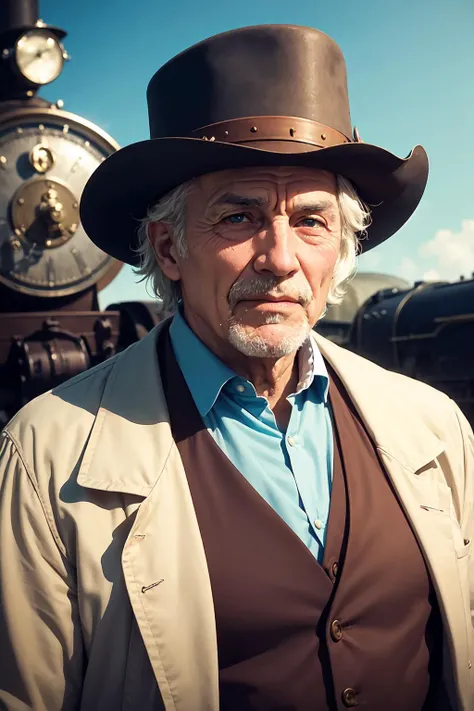 (1man, wrinkled face, old russian male:1.2),   teal eyes, white hair, short hair,
 looking down, solo, half shot, detailed face, (deadwood theme:1.1), 18th century wild west, american frontier, cowboy, dynamic pose, wild west hat, holster,  vest,  wild wes...