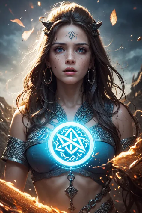 1 girl, adult (elven:0.7) woman, freckles, ruby eyes, brown quiff hair,
 solo, (full body:0.6), looking up, detailed background, detailed face, (tribal celtic barbarian theme:1.1), rune-wizard,       casting spell, intense expression, (style-swirlmagic:0.8...