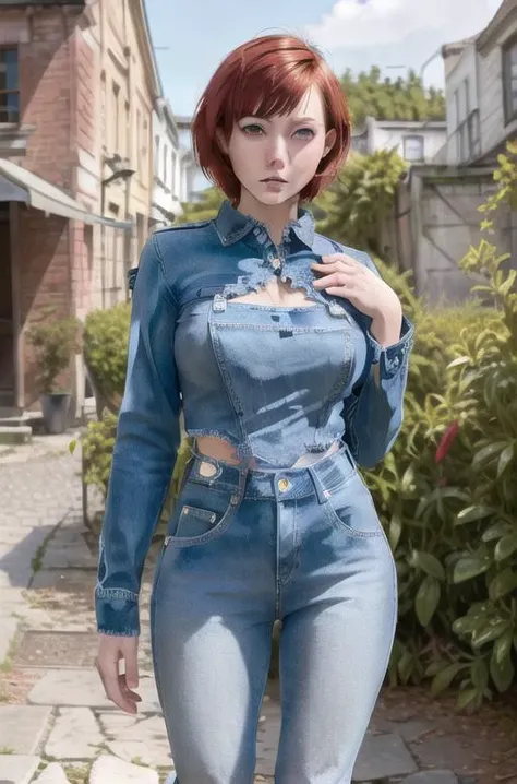 <lora:jeans_dress:0.7> wearing jeans salopette, proportional eyes, (realistic:1.5), extremely detailed, hyper detailed, soft lighting, detailed background, extreme detail background, sharp details, beautiful face, symmetrical eyes, short red hair, short ha...