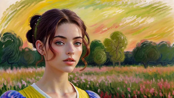 painting of a woman in a field with a sunset in the background