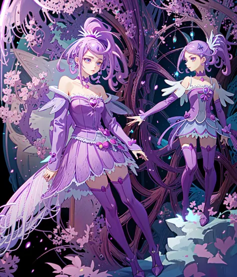 two anime girls dressed in purple and purple outfits standing in front of a tree