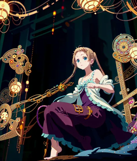 anime girl sitting on a chair with a clock in the background