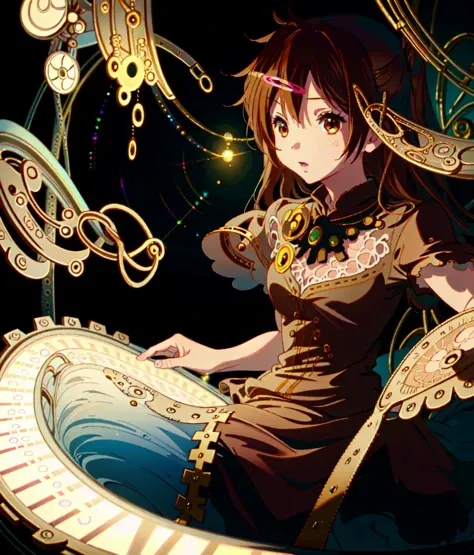 anime girl sitting on a clock with a clock in her hand