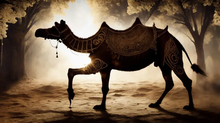 a close up of a camel with a saddle in a forest