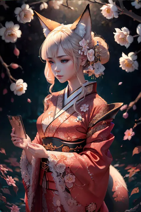 <lora:lace:0.6>, worldoflace, lace, woman wearing a kimono, fox ears, intricate details || masterpiece, perfect quality, sharp focus, shallow depth of field, 8k