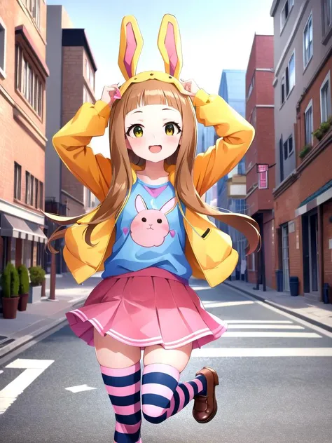 masterpiece, best quality, detailed, 1girl, solo, full body, street background,from below, jumping, hands behind head,  windy, striped thighhighs,ichihara nina,  <lora:ichihara_nina:1> rabbit hood, hooded jacket, pink skirt, blue shirt,