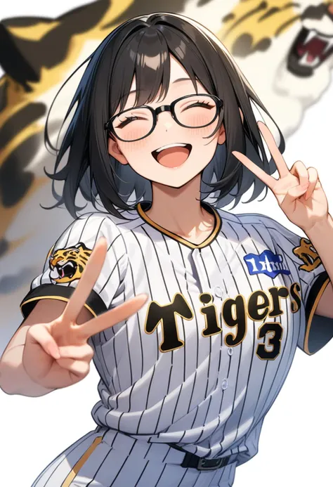 a close up of a person in a baseball uniform with a tiger behind her