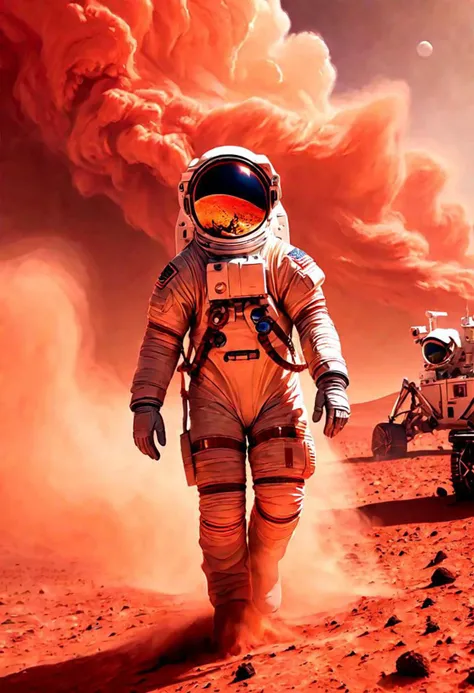 The first astronaut on Mars emerges from a red dust storm, sun glowing red