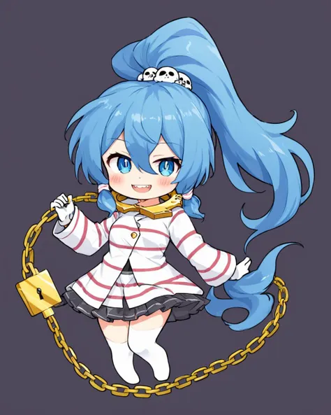 a cartoon girl with blue hair and a chain around her neck