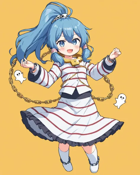 a cartoon girl with blue hair and a white dress holding a chain